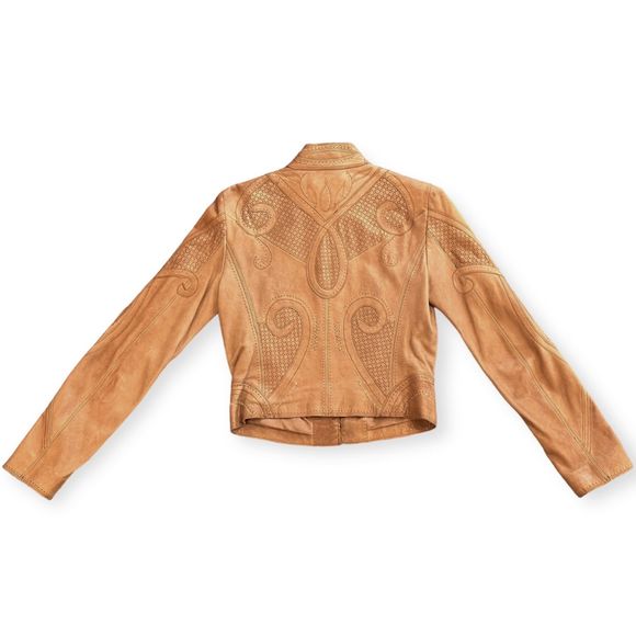 ELIE TAHARI X BERGDORF GOODMAN Cognac Ornate Leather Jacket, Size Small - Picture 2 of 13